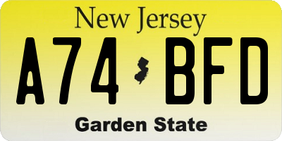 NJ license plate A74BFD