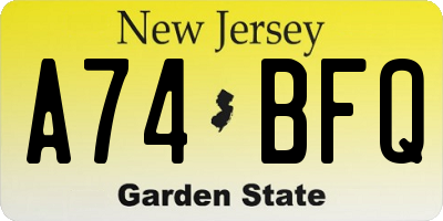 NJ license plate A74BFQ