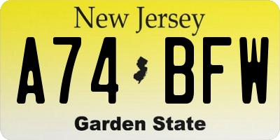NJ license plate A74BFW