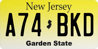 NJ license plate A74BKD