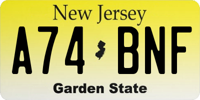 NJ license plate A74BNF