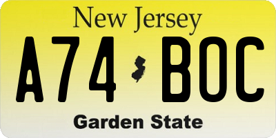 NJ license plate A74BOC