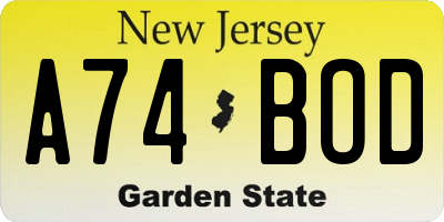 NJ license plate A74BOD