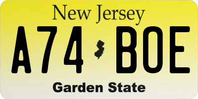 NJ license plate A74BOE