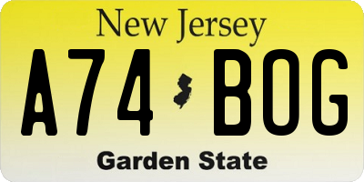 NJ license plate A74BOG