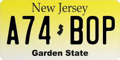 NJ license plate A74BOP