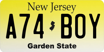 NJ license plate A74BOY