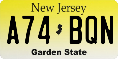 NJ license plate A74BQN