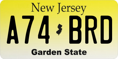 NJ license plate A74BRD