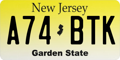 NJ license plate A74BTK