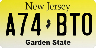 NJ license plate A74BTO