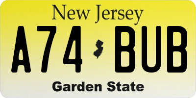 NJ license plate A74BUB