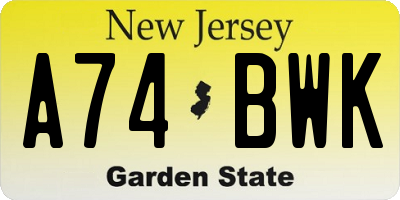 NJ license plate A74BWK