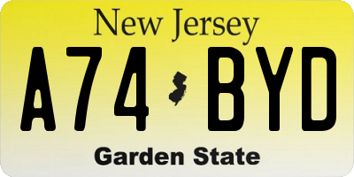 NJ license plate A74BYD
