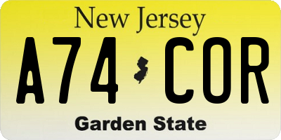 NJ license plate A74COR