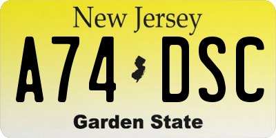 NJ license plate A74DSC
