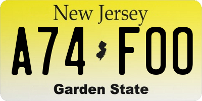 NJ license plate A74FOO