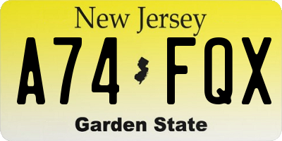 NJ license plate A74FQX