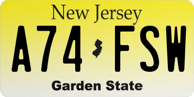 NJ license plate A74FSW