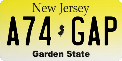 NJ license plate A74GAP