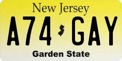 NJ license plate A74GAY