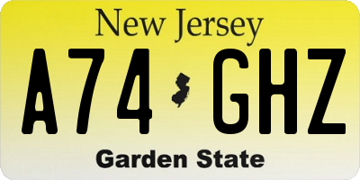 NJ license plate A74GHZ