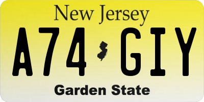 NJ license plate A74GIY
