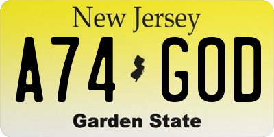 NJ license plate A74GOD