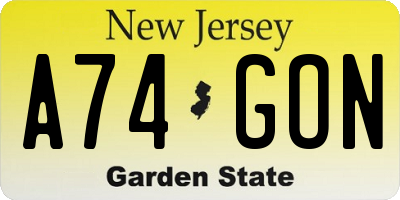 NJ license plate A74GON