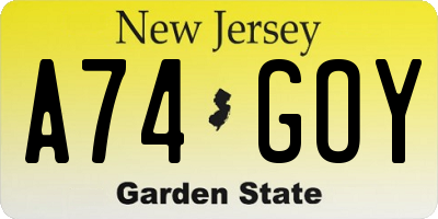 NJ license plate A74GOY