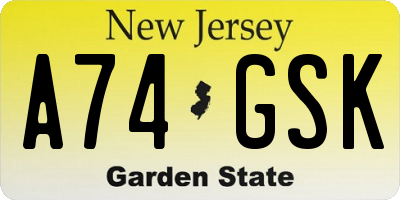 NJ license plate A74GSK