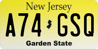 NJ license plate A74GSQ