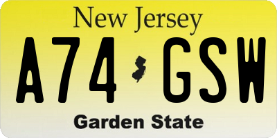 NJ license plate A74GSW