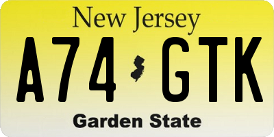 NJ license plate A74GTK