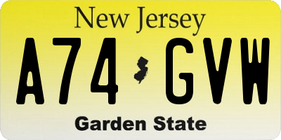 NJ license plate A74GVW