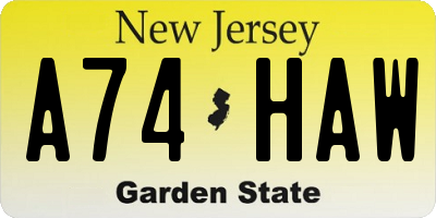 NJ license plate A74HAW