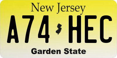 NJ license plate A74HEC