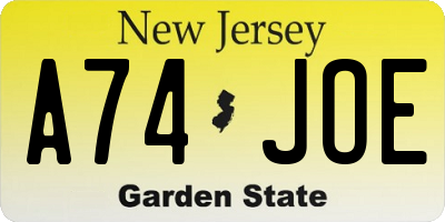 NJ license plate A74JOE