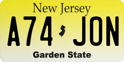 NJ license plate A74JON