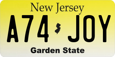 NJ license plate A74JOY