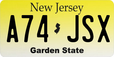 NJ license plate A74JSX