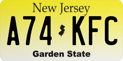 NJ license plate A74KFC