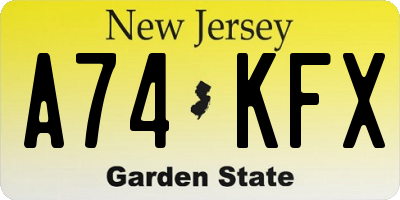 NJ license plate A74KFX