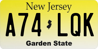 NJ license plate A74LQK