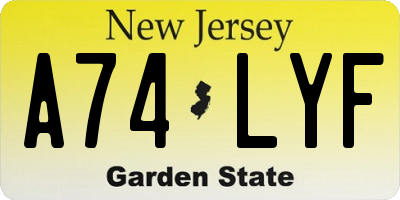 NJ license plate A74LYF