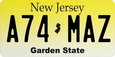 NJ license plate A74MAZ