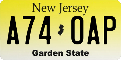 NJ license plate A74OAP