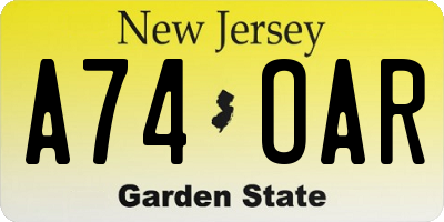 NJ license plate A74OAR