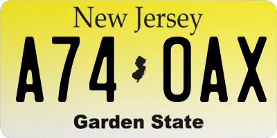 NJ license plate A74OAX
