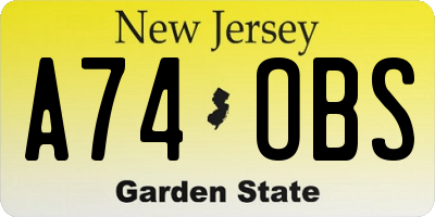 NJ license plate A74OBS
